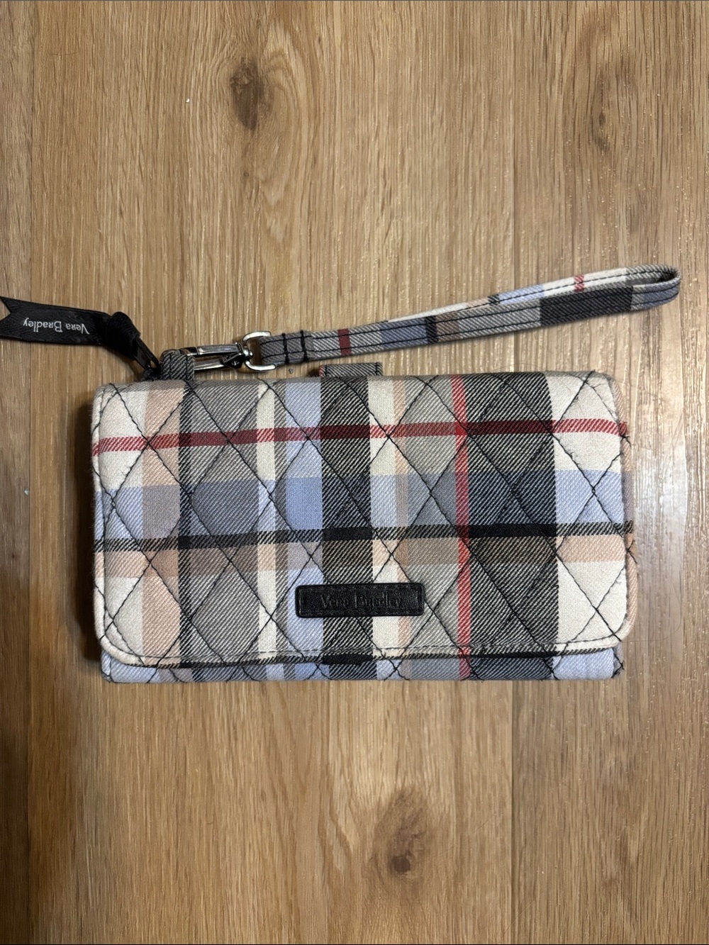 Vera Bradley Quilted Plaid Wristlet in Neutral Tones with Red Stripe